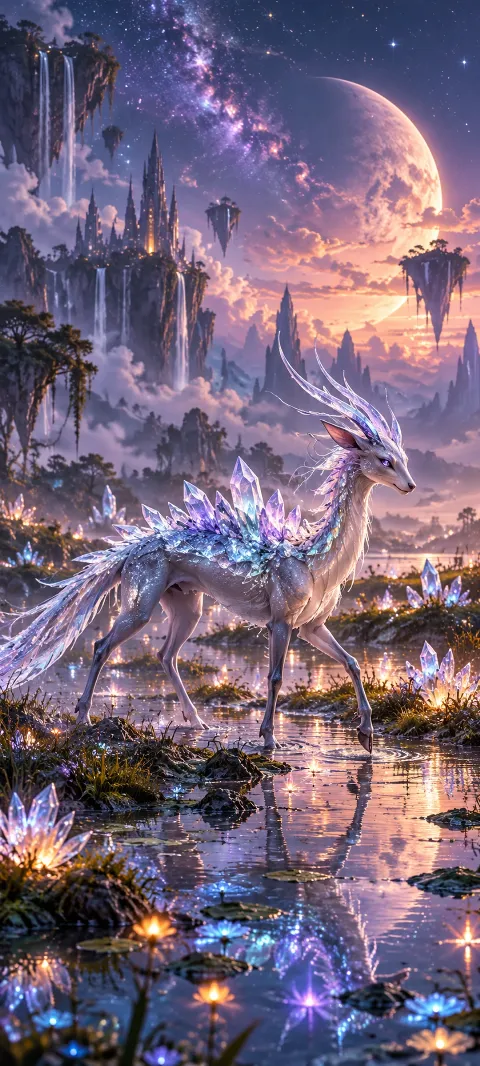 A crystal-backed creature crosses a glowing marsh.