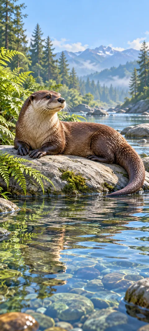 A brown otter rests on a rock beside clear water, ferns and distant forested mountains.