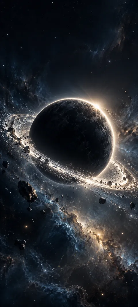 A silver ring glows around a dark eclipsed world.