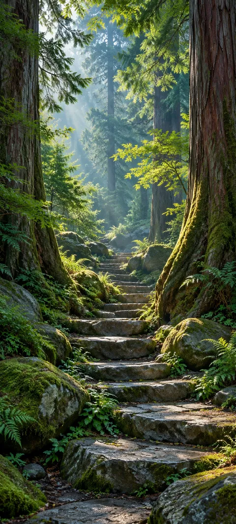 Mossy cedar trunks frame stone steps disappearing into a cool green forest.