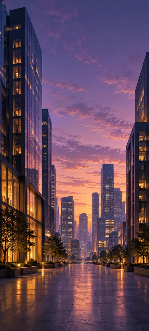 Tall glass buildings with amber windows along a wet empty avenue under purple sky.