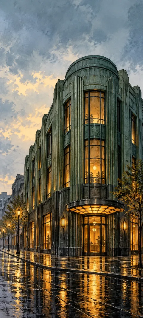 Rounded green-gray art deco building with amber windows and reflections on a wet street.