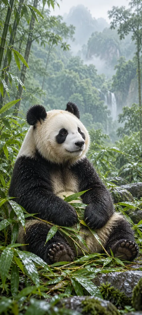 Seated giant panda among wet bamboo leaves with misty green forest behind.