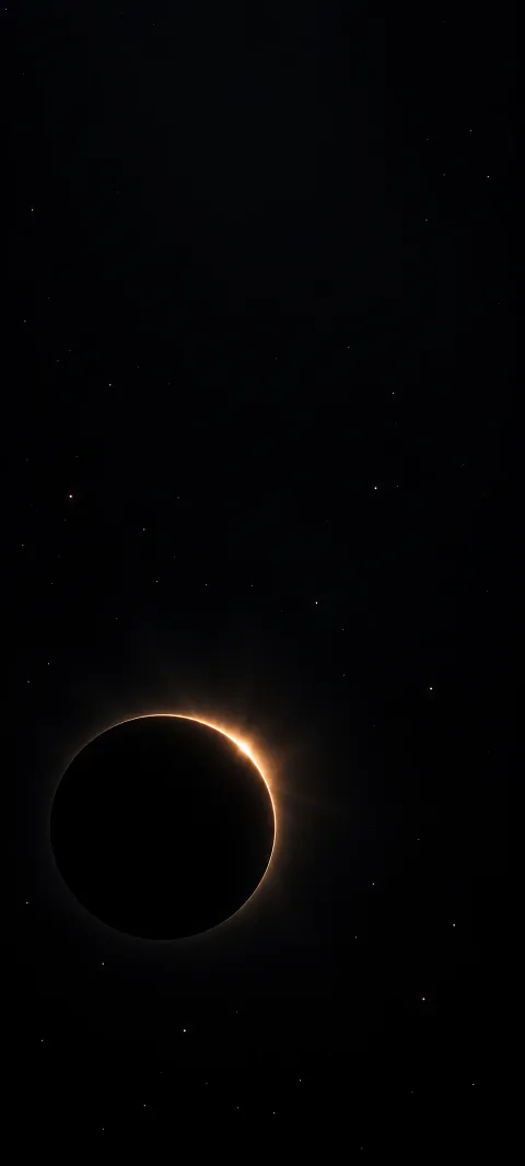 Black eclipse disc with a thin copper arc and faint corona among sparse stars.
