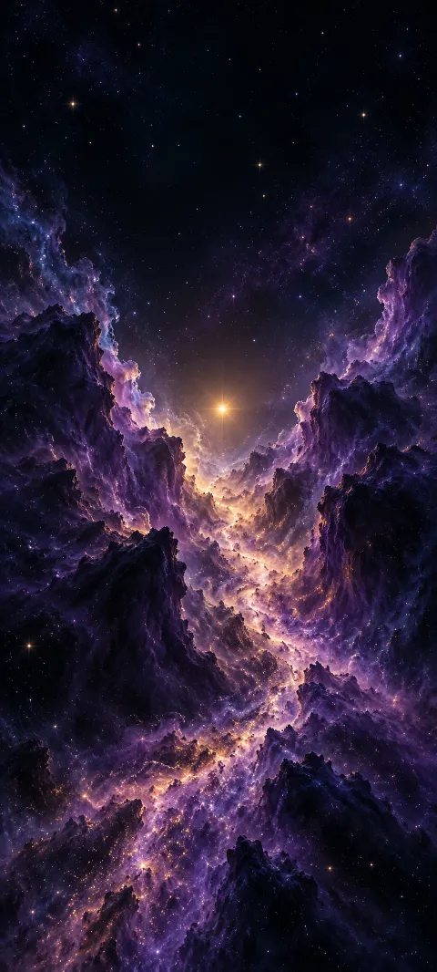 Violet cosmic dust cliffs open toward a small golden star in deep indigo space.