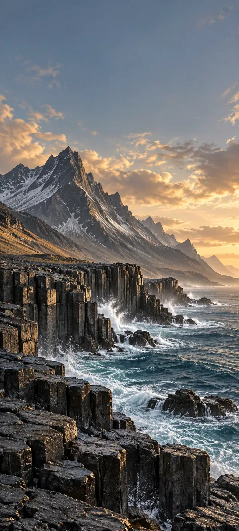 Basalt coastal columns with waves beneath jagged mountains and golden clouds.