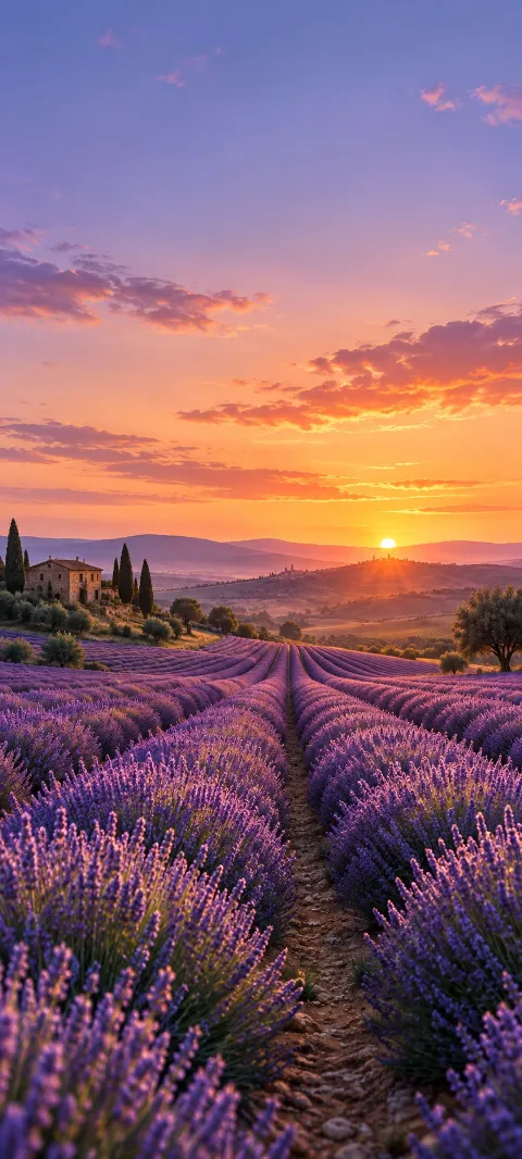 Lavender rows lead toward low hills beneath a wide evening sky.