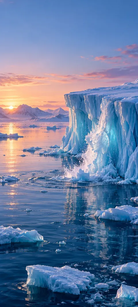 A blue ice shelf melts into a calm polar sea.