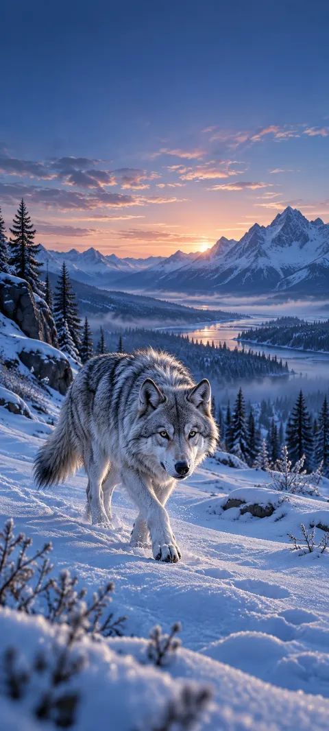 A silver wolf crosses a quiet blue snowfield.