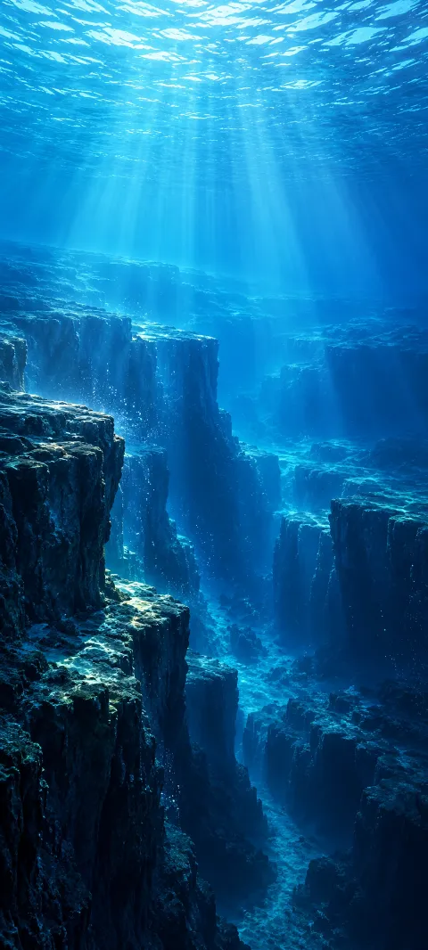 Blue water falls into an imagined ocean trench.
