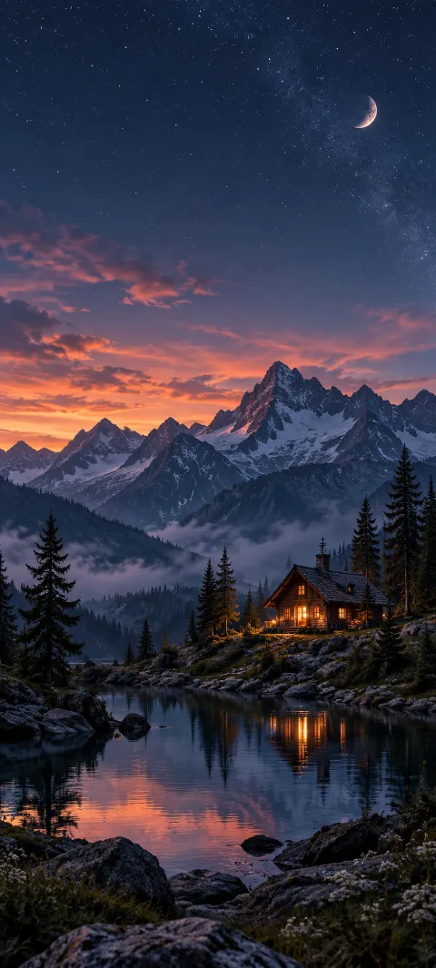 A warm cabin light glows below a dark ridge.
