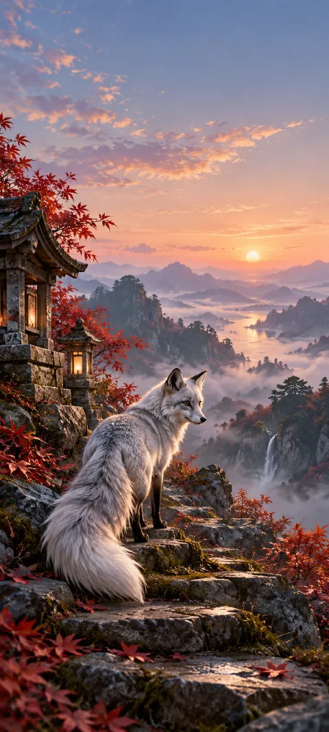A silver fox sits beside a lantern-lit stone shrine.