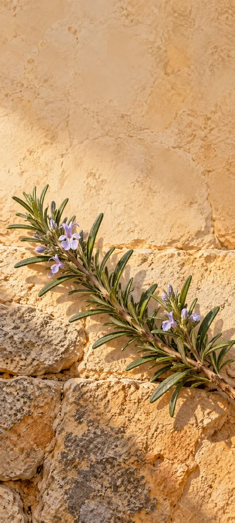Rosemary twig with narrow leaves and tiny lavender flowers against warm stone.