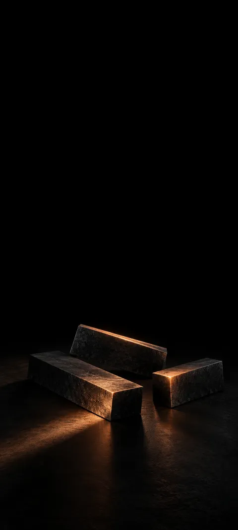 Three dark rectangular bars with copper-lit edges on a black floor.