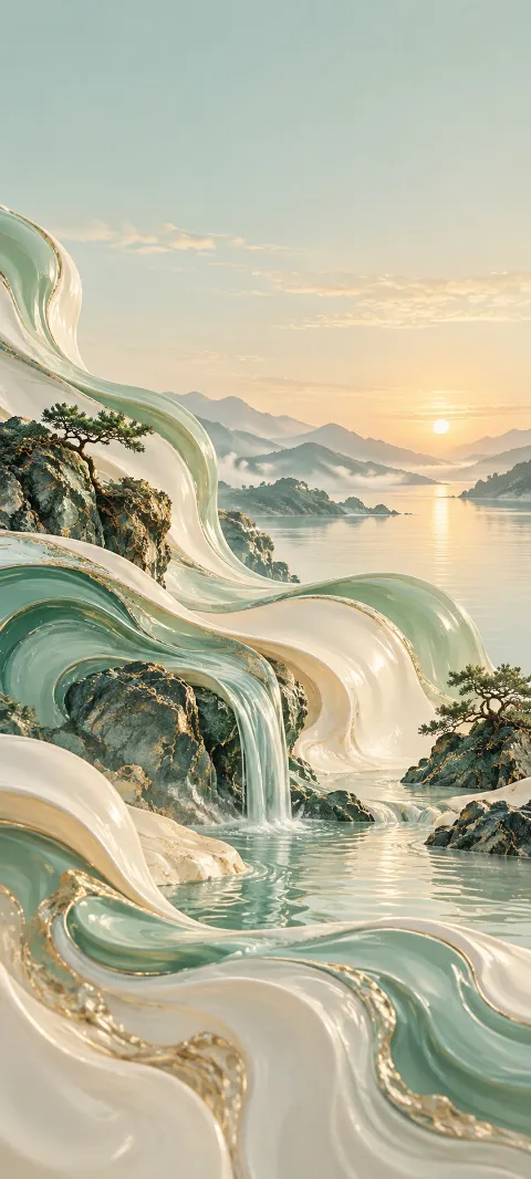 Mint and ivory sweeps resemble glazed ceramic flowing through the frame.