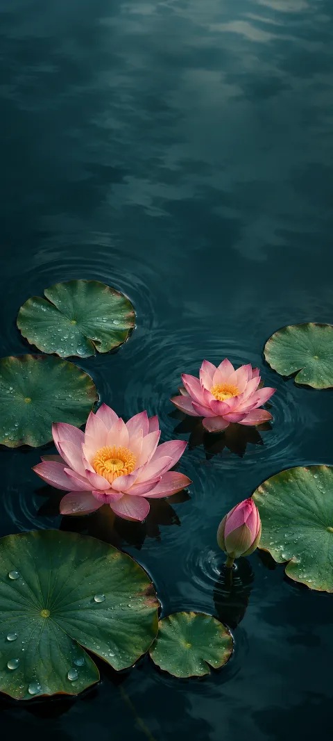 Two pink lotus flowers and a bud among green pads on dark teal water.