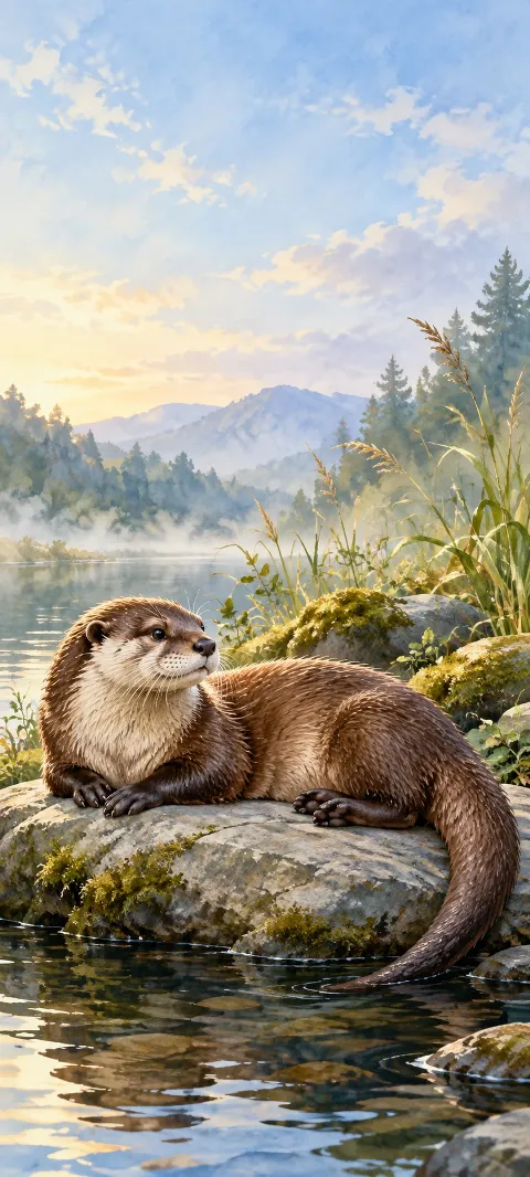 Brown otter resting on a mossy river stone with a curved tail beside calm water and reeds.