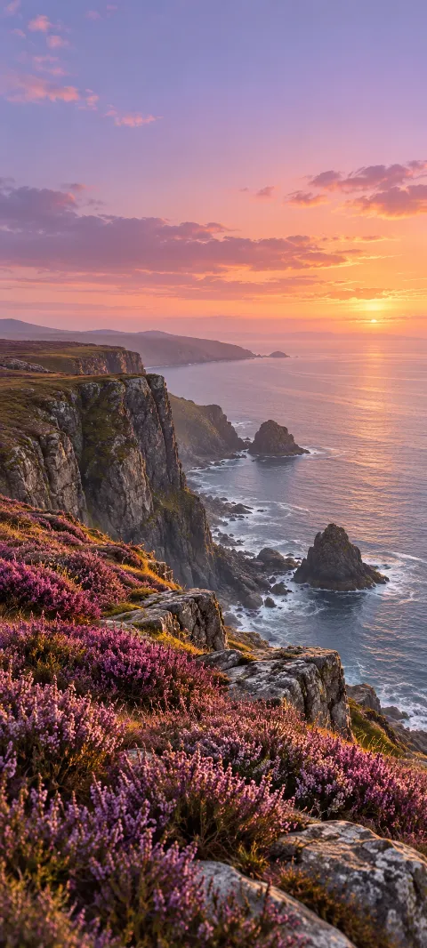 Purple heather carpets a sea cliff above calm sunset water.