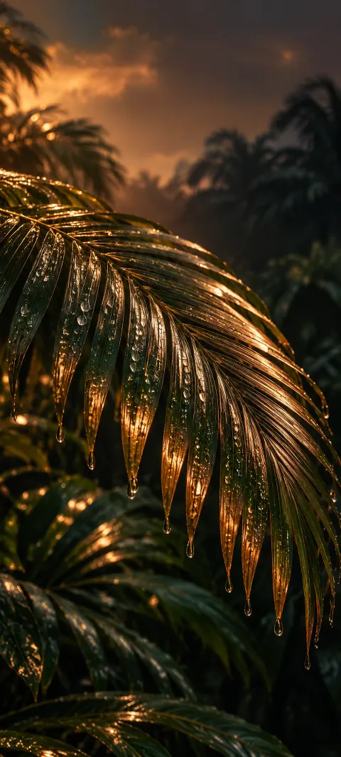 A copper-lit palm frond arcs across a dark tropical background.