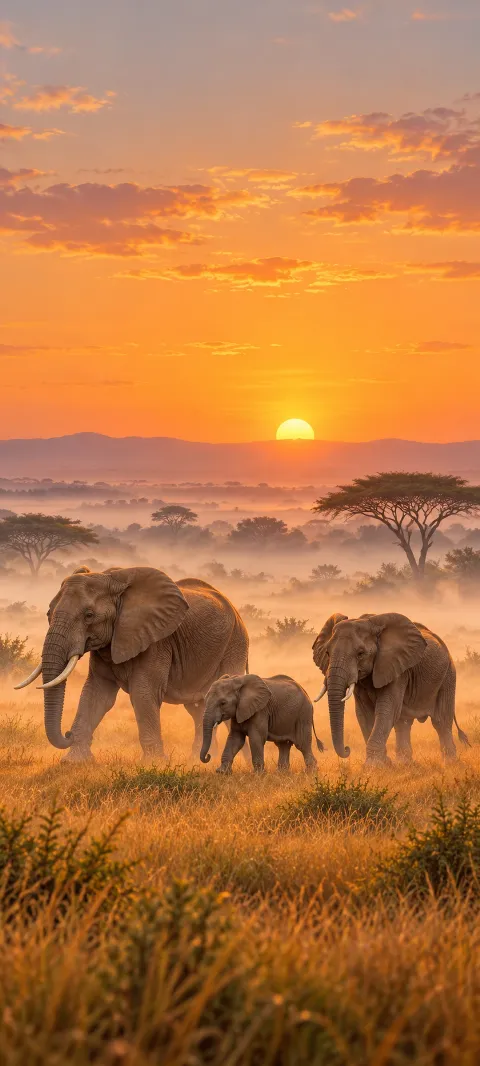 Two adult elephants and a calf walking through misty golden savanna at dawn.