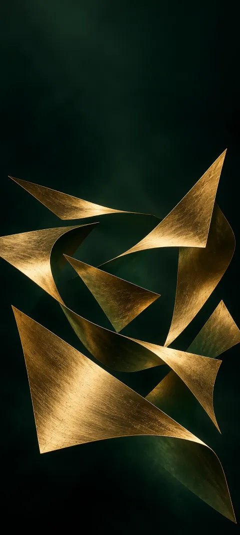 Angular gold planes twisting at different depths against dark green-black space.
