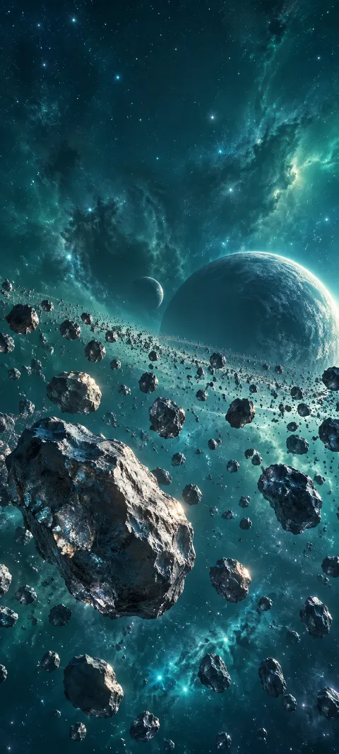 Silver asteroids drift through a teal star field.