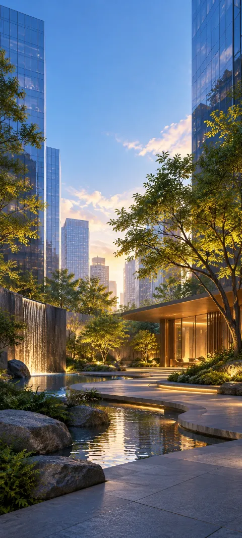 A quiet courtyard sits between blue glass towers.