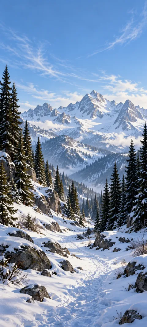 Snowy mountain pass with pine trees, rocky trail, and blue sky.