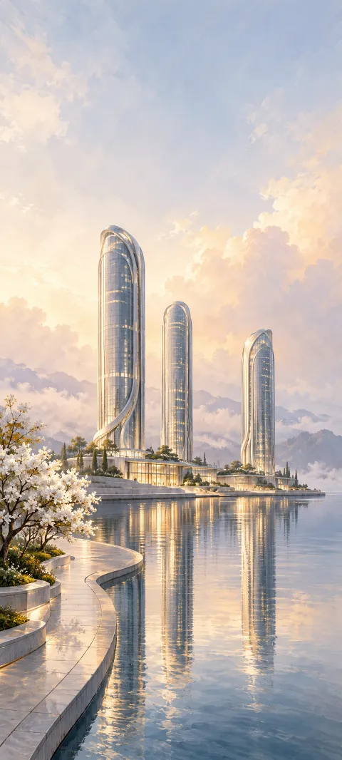 Three slender silver towers reflected in a harbor beside a curved promenade and white blossoms.