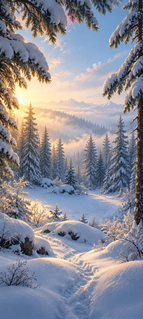 Snow-covered pine trees around a narrow trail and forest hollow at sunrise.