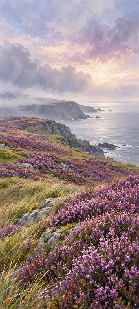 Purple heather across a grassy cliff with misty headlands and sea beyond.