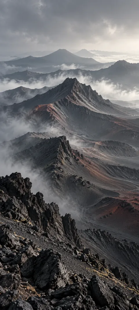 A charcoal volcanic ridge fades through ash-gray air.