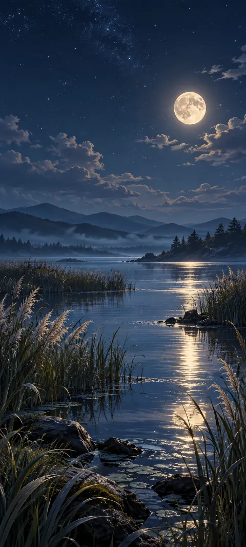 Tall reeds ring a quiet lagoon beneath a cool moonlit sky.