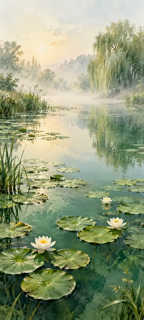 Three white water lilies on lily pads in a misty jade channel.