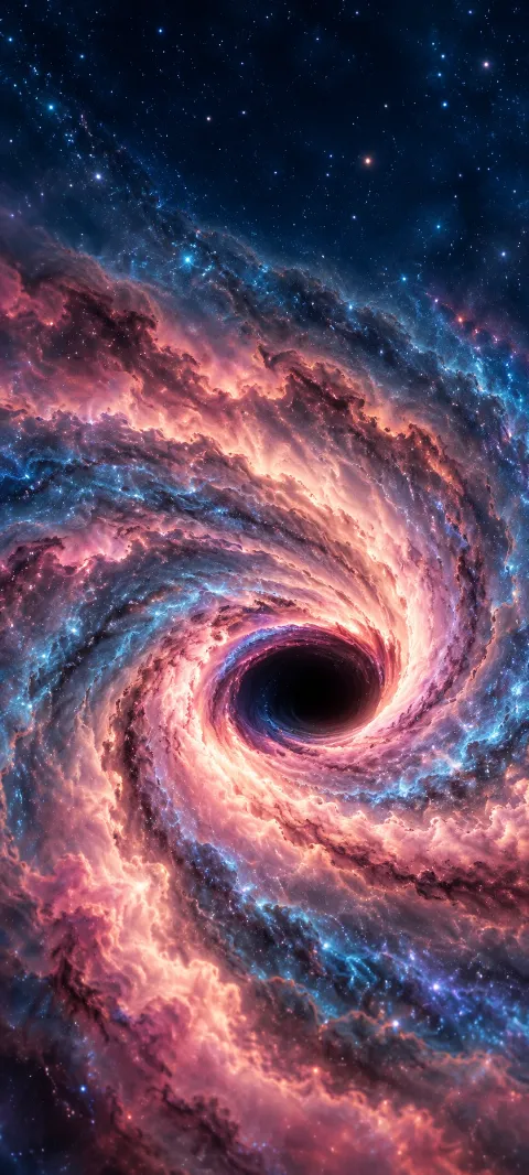 Rose and blue cosmic clouds spiraling around a dark opening beneath a navy star field.