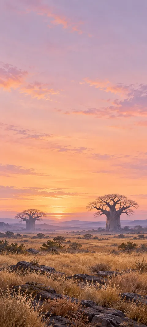 Two bare-crowned baobabs across a tawny savanna beneath peach-lilac dawn.