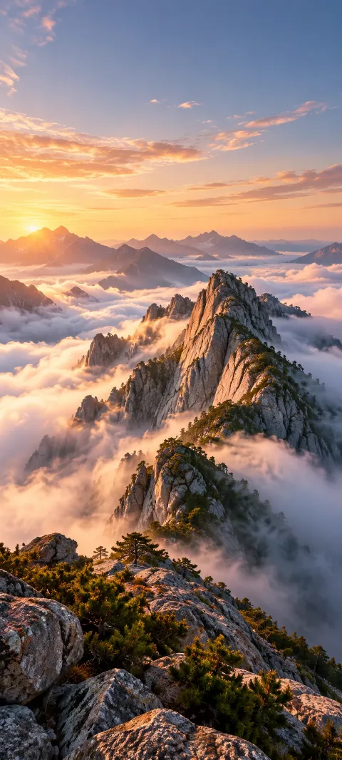 A granite ridge with small trees above peach-lit clouds.