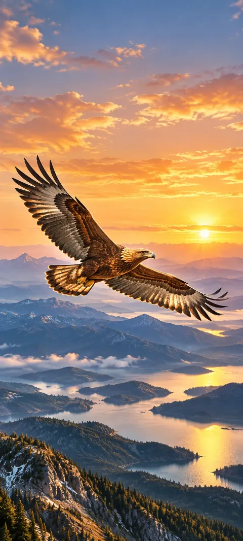 A golden eagle with fully visible wings glides above blue mountains and sunlit lakes.