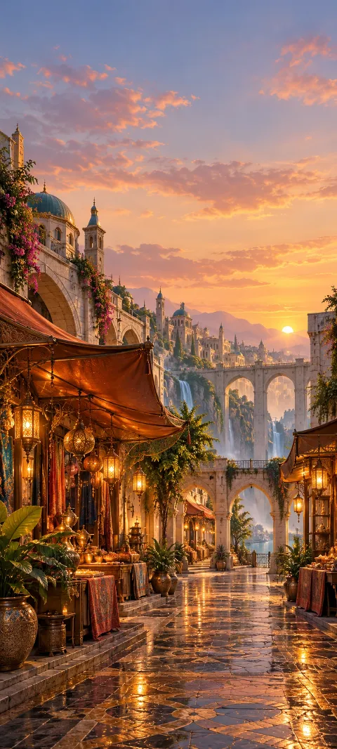 Copper market awnings and lanterns beneath white arches in an imagined city.