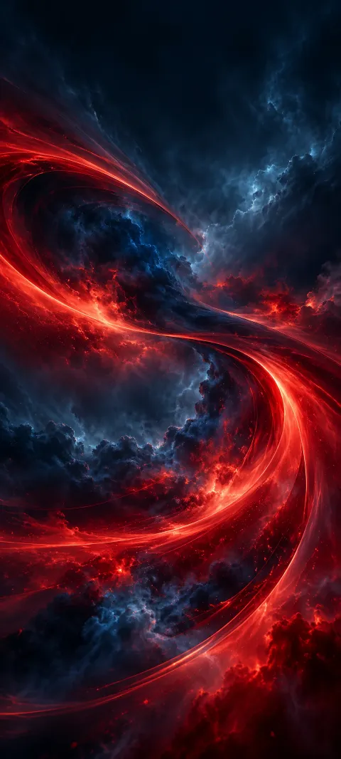 Scarlet lines arc through smoky navy space.