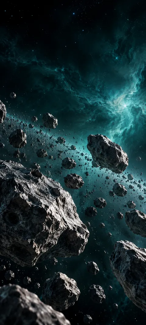 Silver asteroids drift through a teal star field.