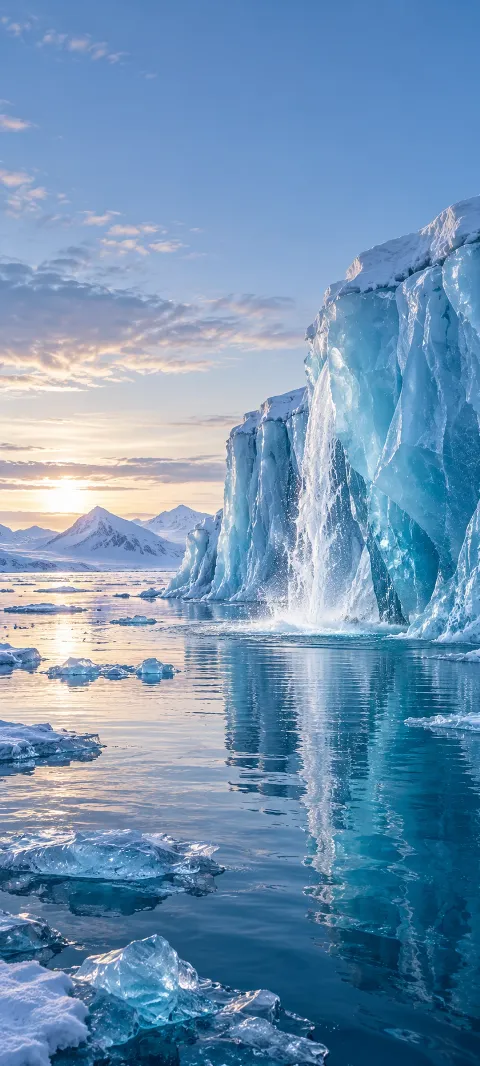 A blue ice shelf melts into a calm polar sea.