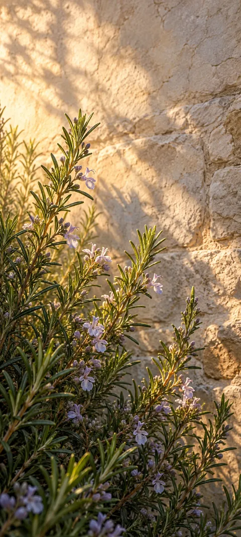 Rosemary stems catch warm light against a stone wall.