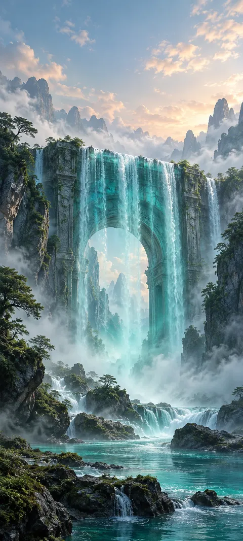 A stone gate stands behind a teal waterfall.