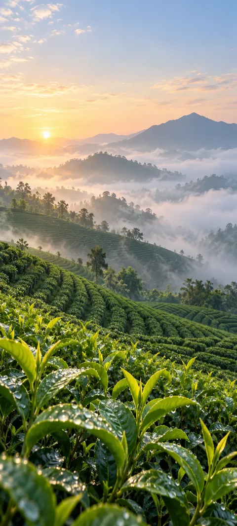 Fresh tea leaves curl along a misty hillside row.