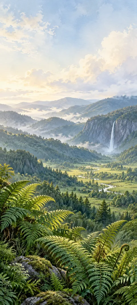 Green fern ledge overlooking a forest valley with a distant cliff waterfall.