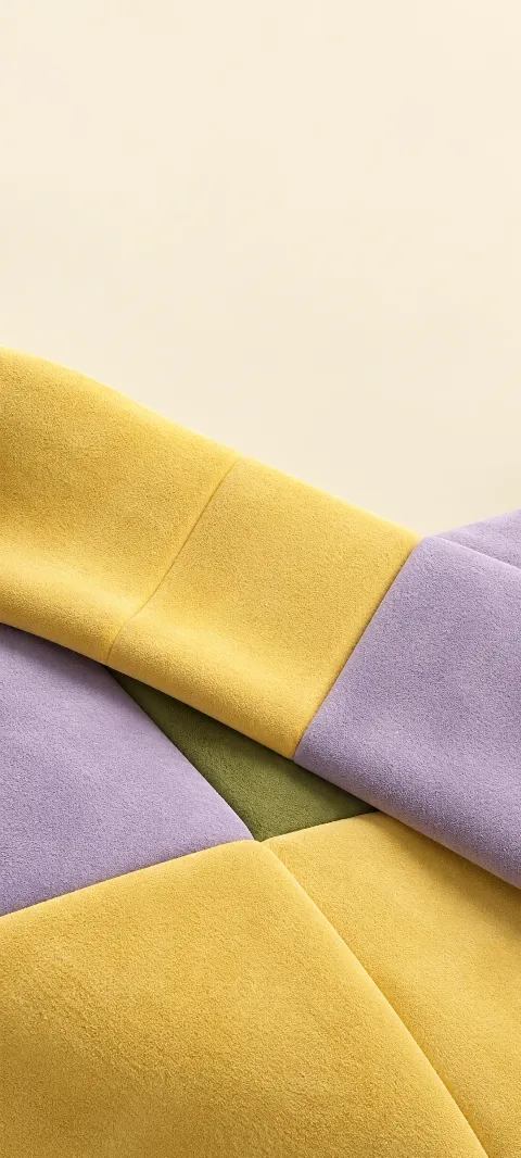 Layered lemon and lilac suede panels above a moss-green strip.