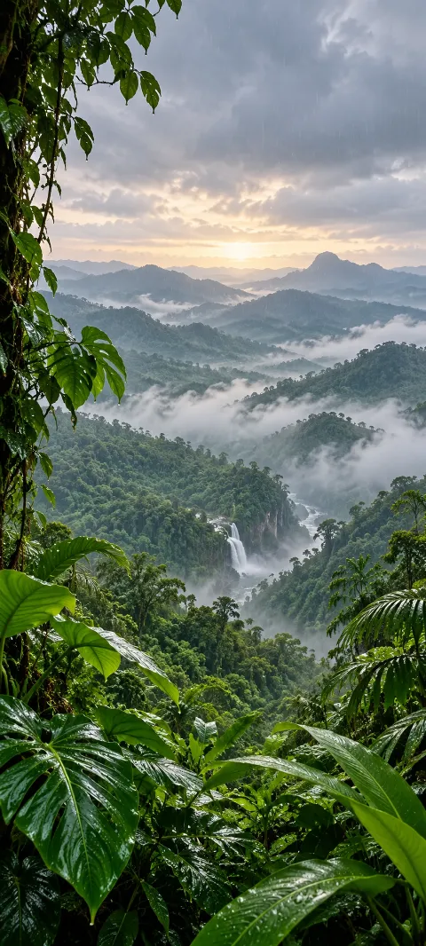 Broad leaves and green ridges appear through humid forest air.
