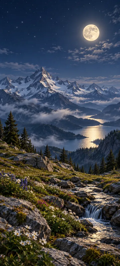 An alpine shelf glows beneath a clear moonlit sky.