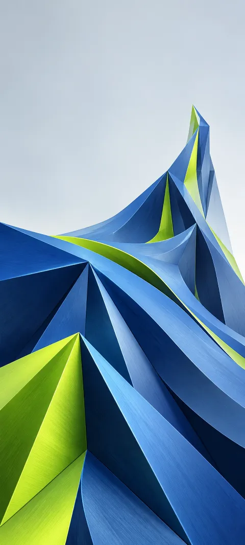 Flowing cobalt folded planes with bright lime facets against pale gray.